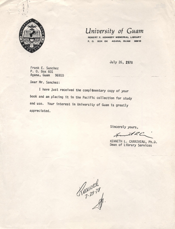 1978 University of Guam Memorial Library letter